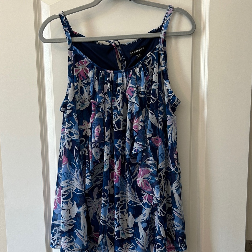 Lane Bryant Ruffled Blue and Pink Floral Tank Top